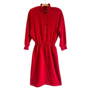 Vtg 80s Eddie Bauer Red Fleece Snap Front Sweatshirt Dress w/Shoulder Pads